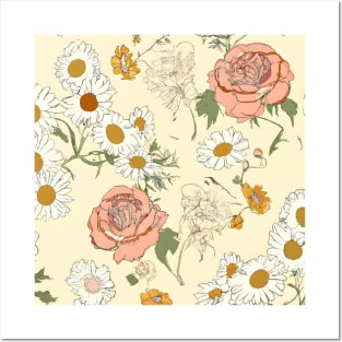 Hand-drawn floral motifs. Delicate daisies and roses scattered on a pale yellow background. Vintage flower wallpaper. Posters and Art